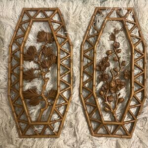 Pair Of Vintage Mid Century Homco Faux Bamboo Floral Branches Plastic Wall Decor
